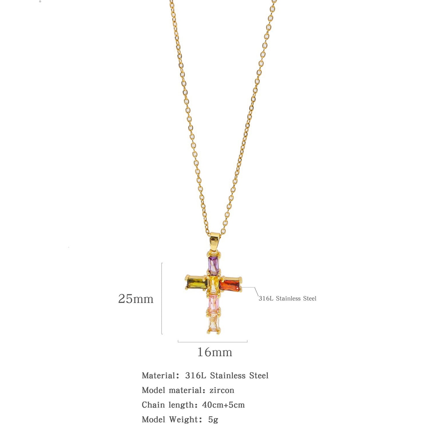 Elegant Multicolor Zircon Cross Pendant Necklace