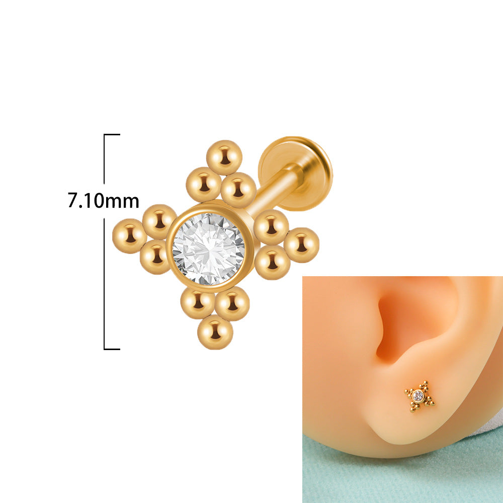 18K Gold Plated Geometric Stainless Steel Lip and Ear Stud Set with Rhinestones