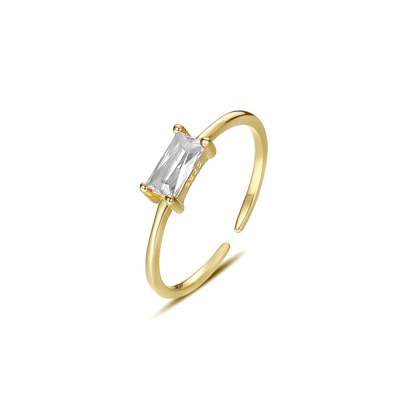 Simple Rectangle Silver Plated Zircon Open Ring - 925 Sterling Silver Vintage Style