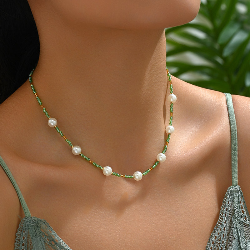 Bohemian Geometric Pearl Resin Seed Bead Necklace for Women