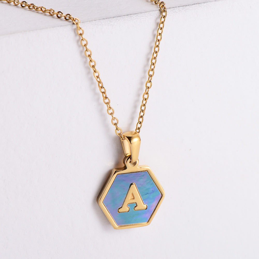 Hexagon Blue Shell Letter Pendant Stainless Steel Necklace