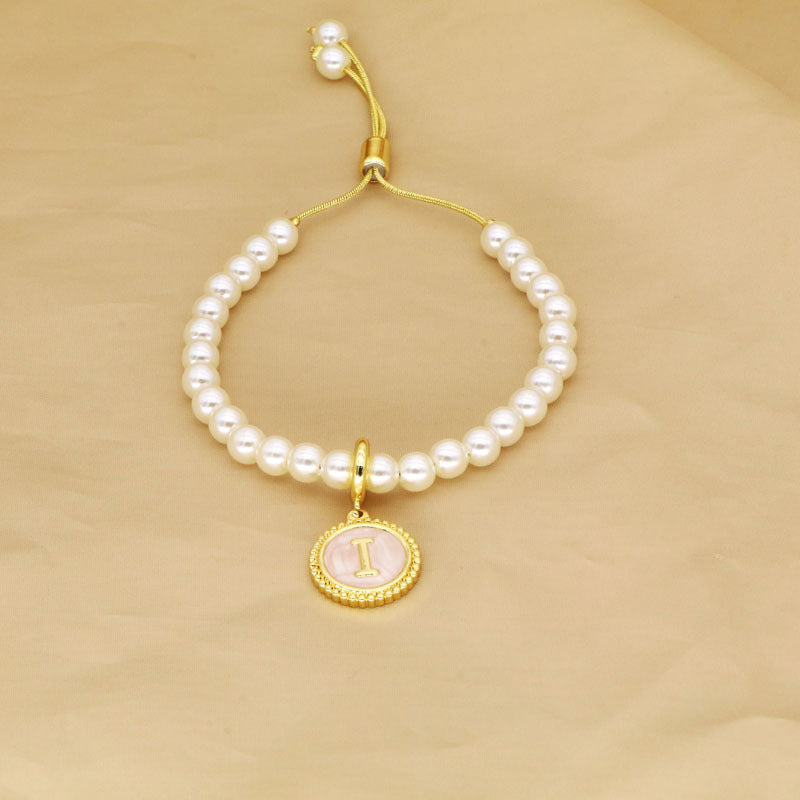 18K Gold Plated Adjustable Letter Pendant Imitation Pearl Bracelet