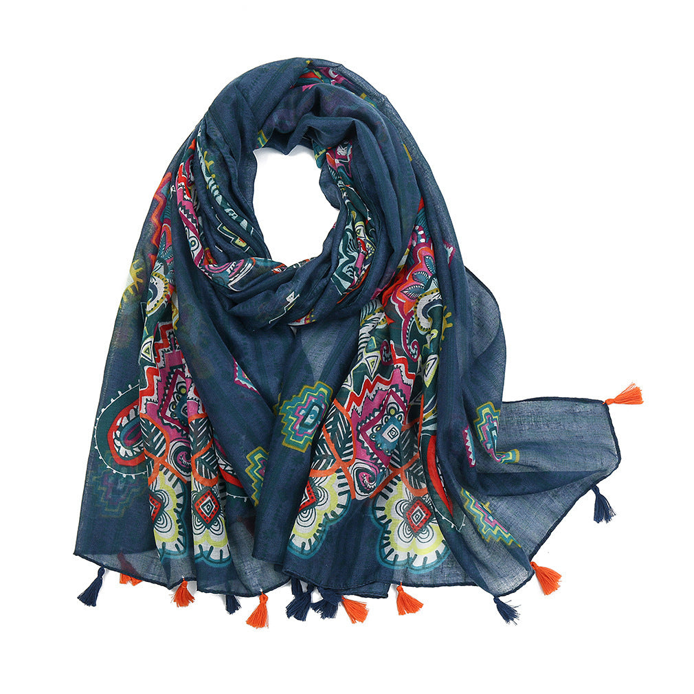 Women's Vintage Bohemian Floral Cotton Linen Print Scarf with Tassels