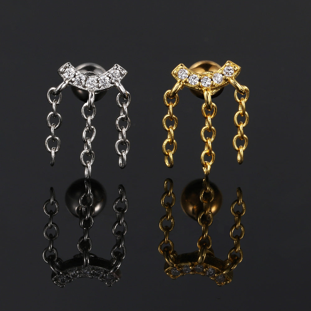 14K Gold Plated Crystal Zircon Chain Ear Cartilage Studs for Women