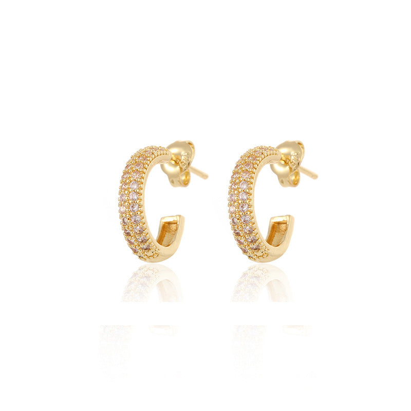 1 Pair C Shape Gold Plated Zircon Copper Stud Earrings