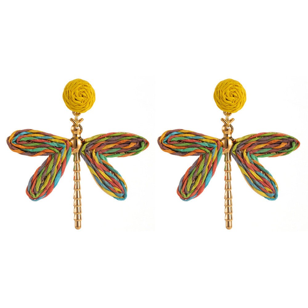 Dragonfly Raffia Gold Plated Drop Earrings - Bohemian Vacation Style