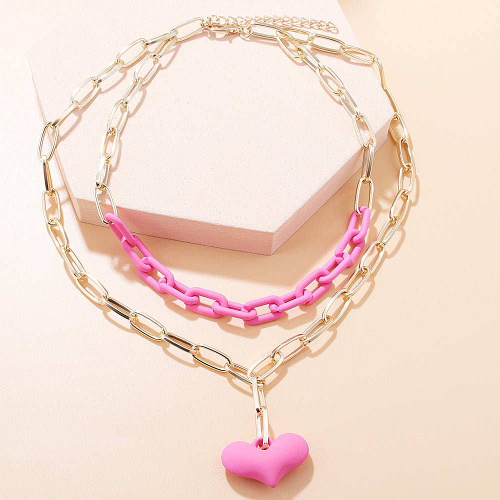 Exaggerated Heart-Shaped Acrylic Aluminum Layered Pendant Necklace