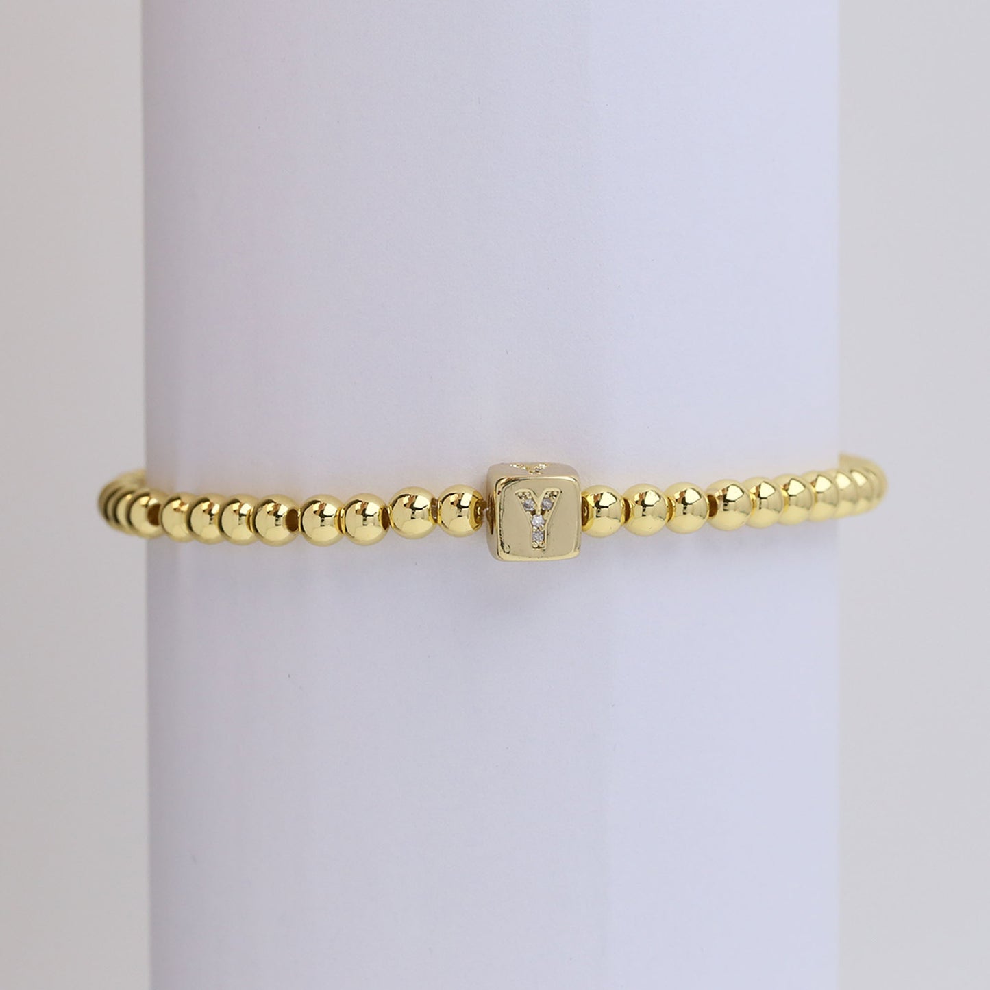 18k Gold Plated Copper Letter Zircon Beaded Stretch Bracelet