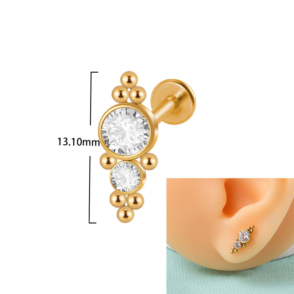 18K Gold Plated Geometric Stainless Steel Lip and Ear Stud Set with Rhinestones