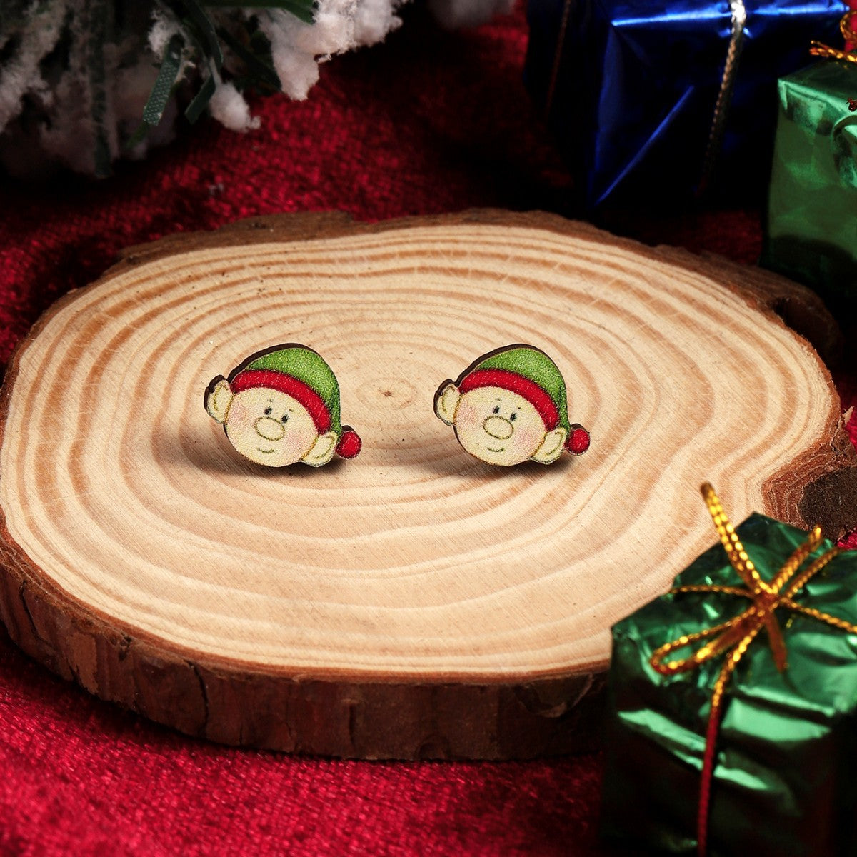 Pair of Cute Christmas Tree and Santa Claus Stud Earrings - Festive Holiday Jewelry with Boots, Snowman, and Elk Designs