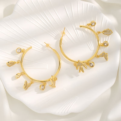 1 Pair Elegant Geometric Inlay Zircon 18K Gold Plated Butterfly Bird Leaf Hoop Earrings