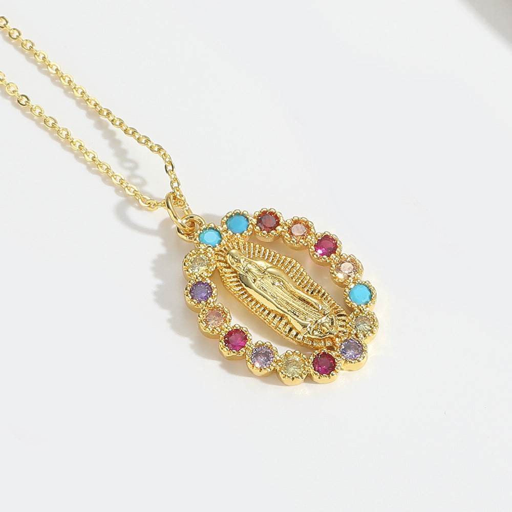 14K Gold Plated Geometric Zircon Pendant Necklace with Vintage Kwan-yin Design