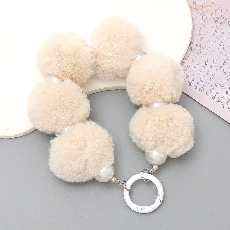 Sweet Flower Beaded Fur Ball Keychain and Phone Charm Bracelet