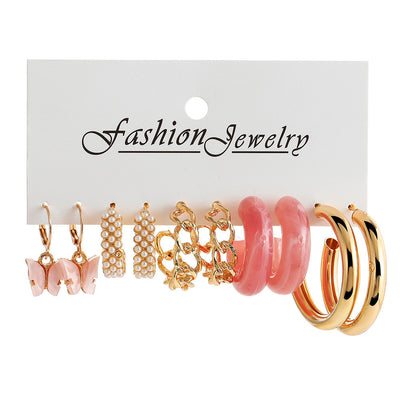 Retro Geometric Alloy Earrings Set with Pearl Butterfly and Pink Acrylic C-Shaped Hoops