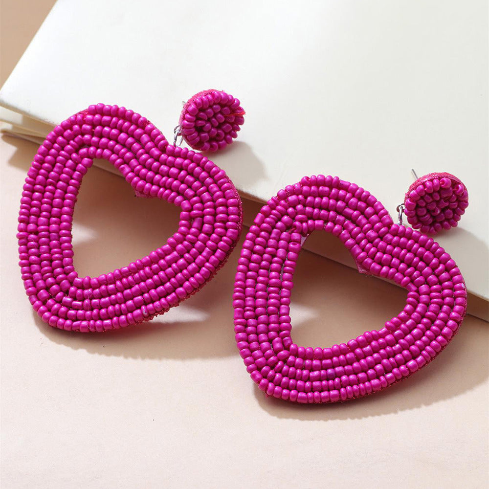 Holiday Color Ethnic Red Bead Hollow Heart-shaped Earrings