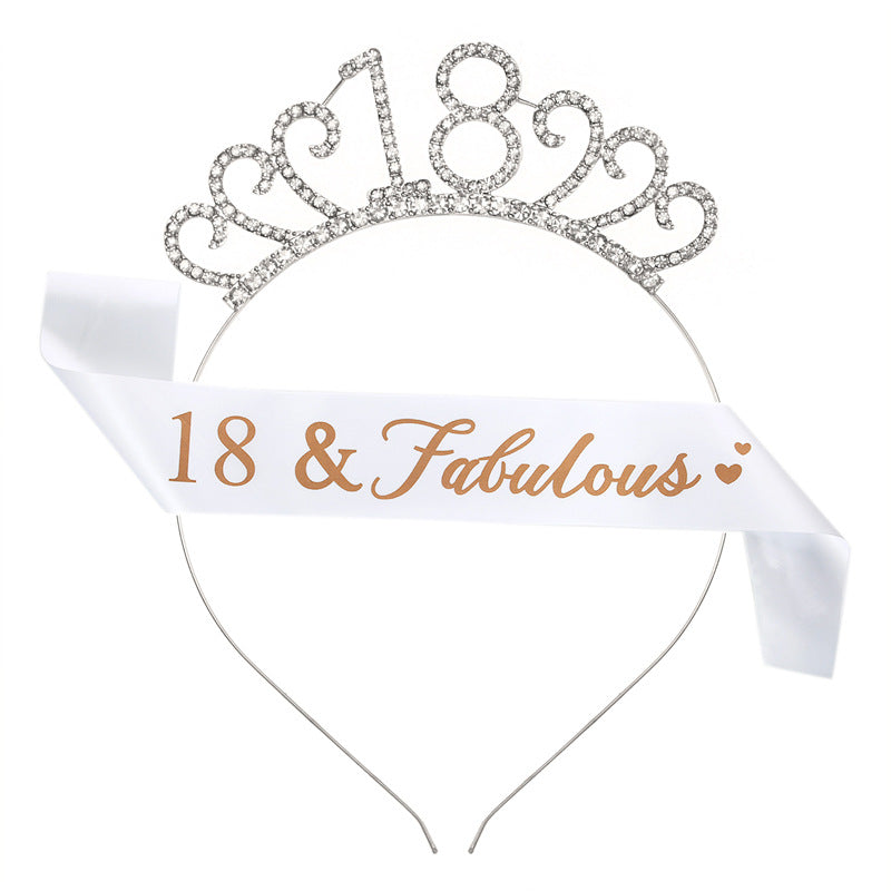 Fashion Rhinestone Number Crown Hairband and Sash Set for Birthday Party