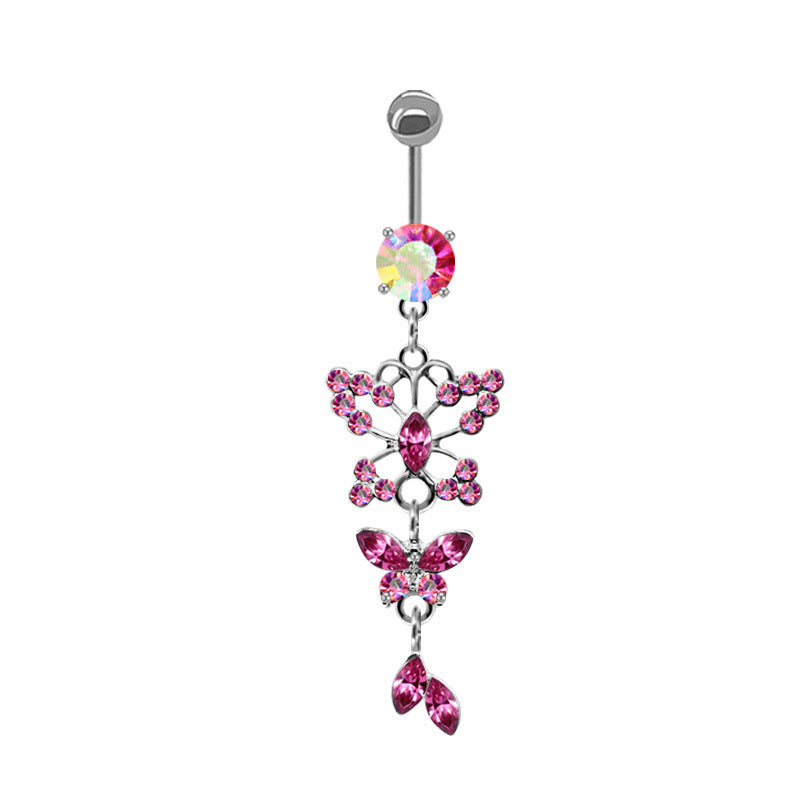 Heart Shape Flower & Butterfly Belly Ring - Stainless Steel with Rhinestones