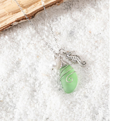 Beach Seashore Alloy Glass Sea Turtle Pendant Necklace for Women