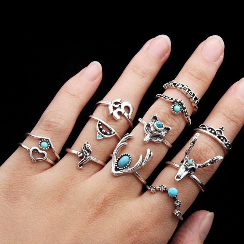 Retro Geometric Bohemian Crystal Moon Ring Set - 11 Piece Vintage Style Jewelry