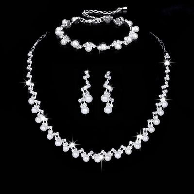 Fashion Geometric Copper Inlay Pearl Zircon Jewelry Set - Silver Bridal Accessories with Earrings and Necklace