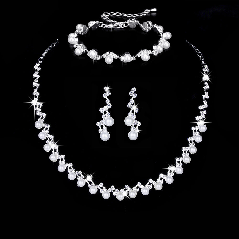 Simple Solid Color Zircon Rhinestone Bridal Jewelry Set - Necklace, Earrings, and Bracelet