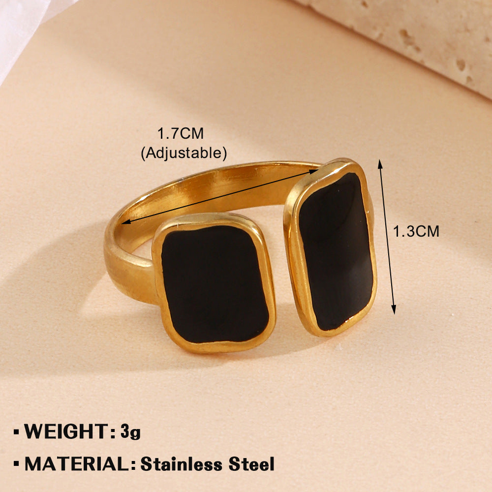 Geometric Cross Floral Black Enamel 18K Gold Plated Open Stainless Steel Ring