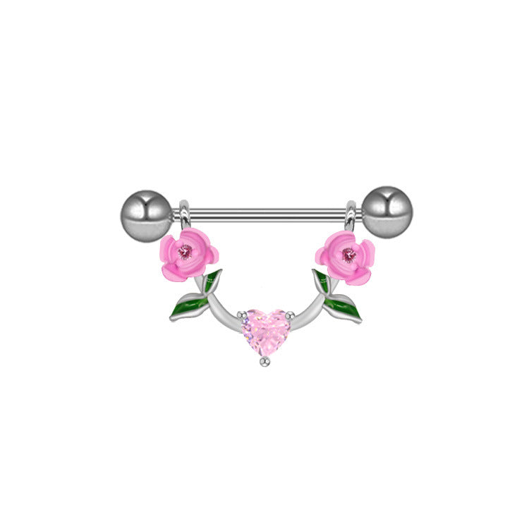 1 Piece Heart Shape Flower Nipple Rings & Studs 316 Stainless Steel Alloy with Rhinestones and Resin Inlay, Gold Plated