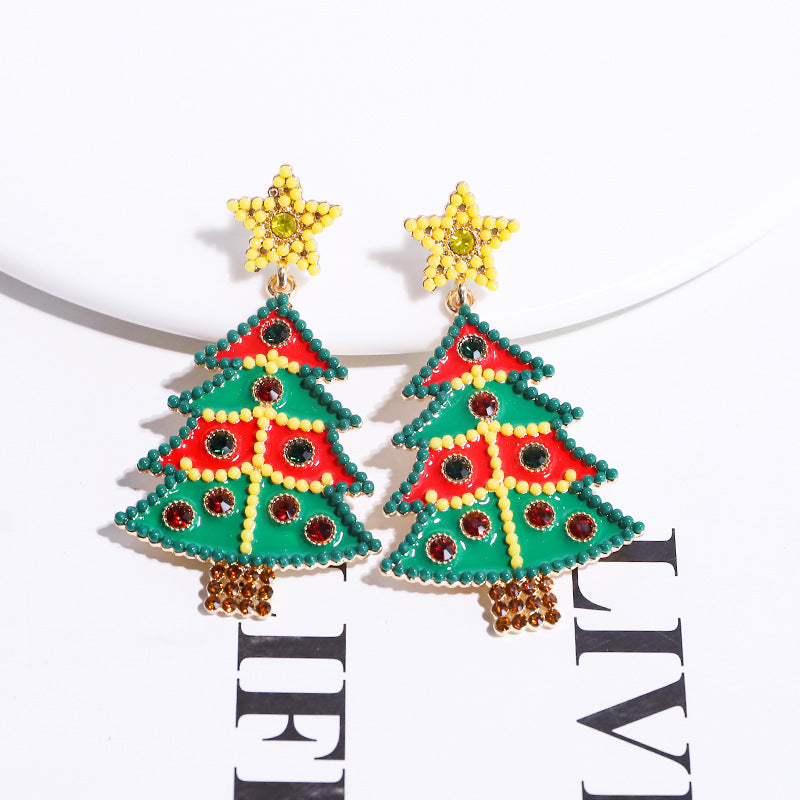 1 Pair Classic Cartoon Christmas Tree Rhinestone Drop Earrings