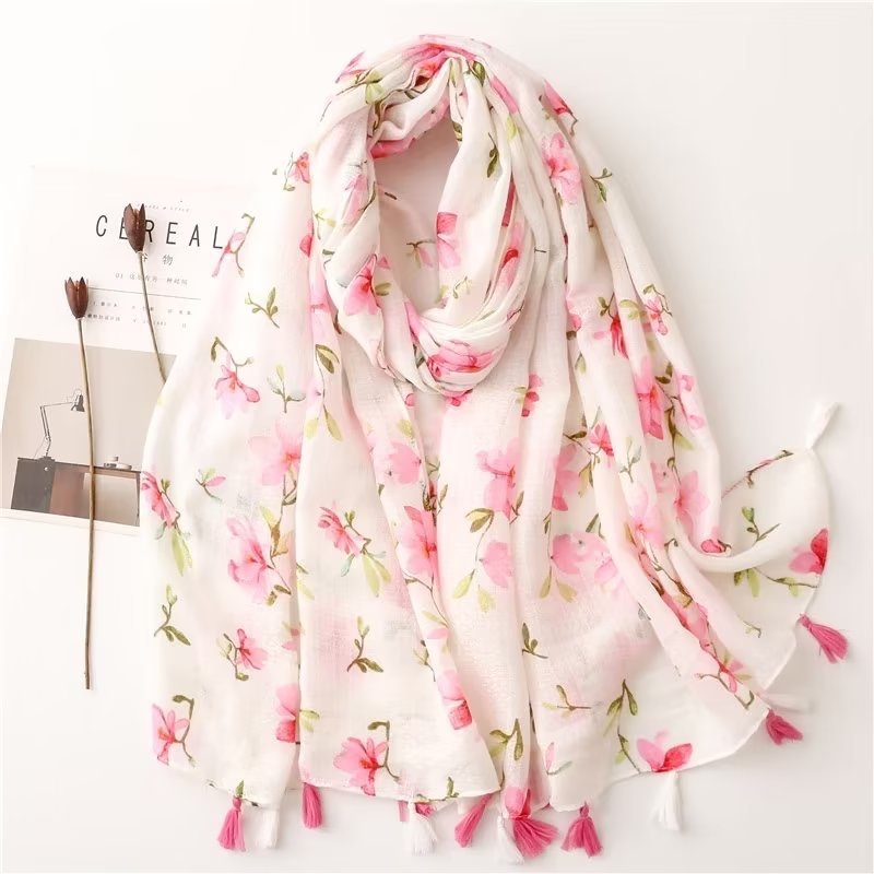 Pink Butterfly and Red Petal Print Tassel Scarf Shawl