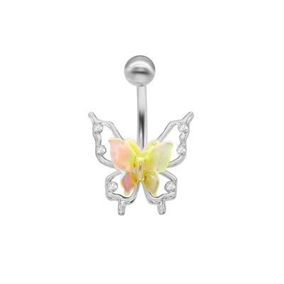 Princess Butterfly Belly Ring - 316 Stainless Steel with Acrylic Rhinestones, White Gold Plated