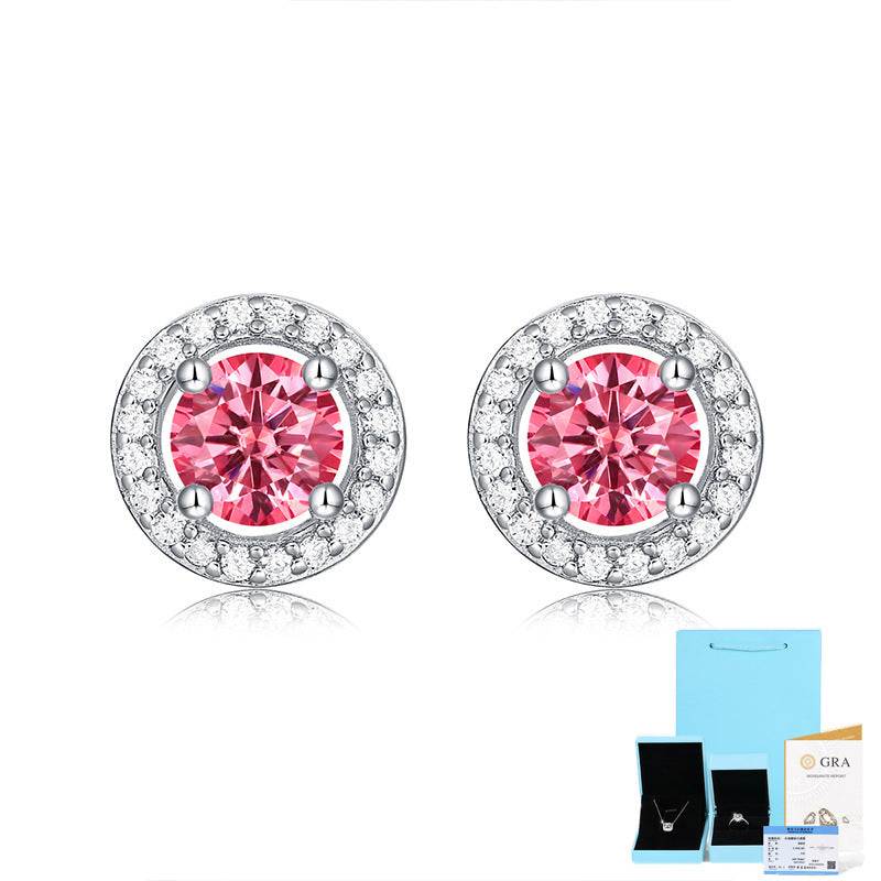 Sweet Round Sterling Silver Moissanite Pink Ear Studs