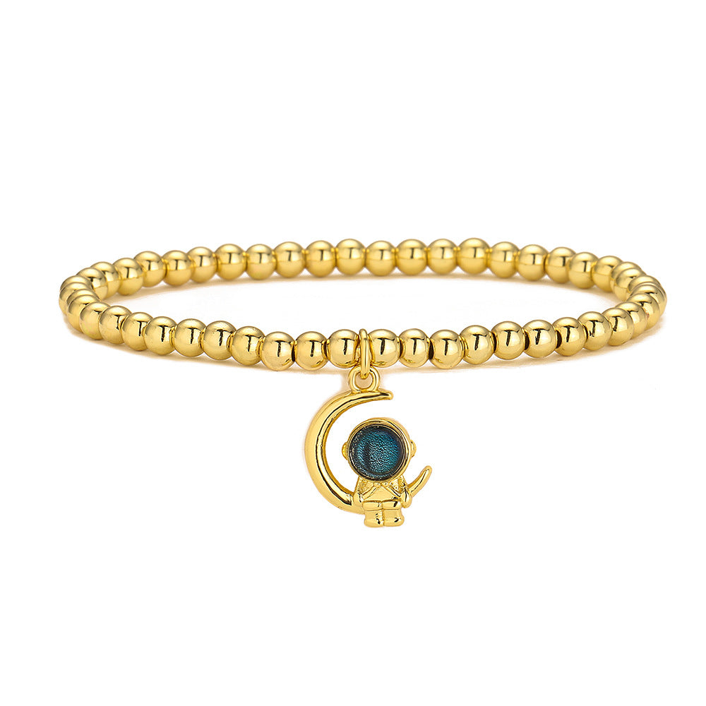 Astronaut Bear Gold Plated Copper Bracelet with Pearl and Zircon Beads