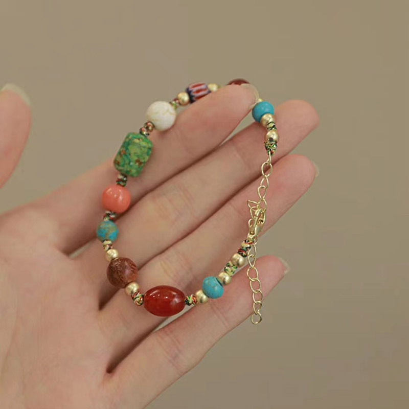 Retro Geometric Alloy Elephant Pendant Bracelet with Colored Beads and Natural Stone