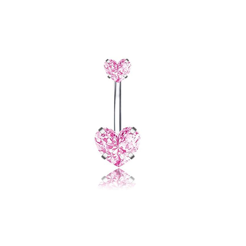 Heart Shape Zircon Inlay Stainless Steel Belly Ring with Pink Butterfly Pendant