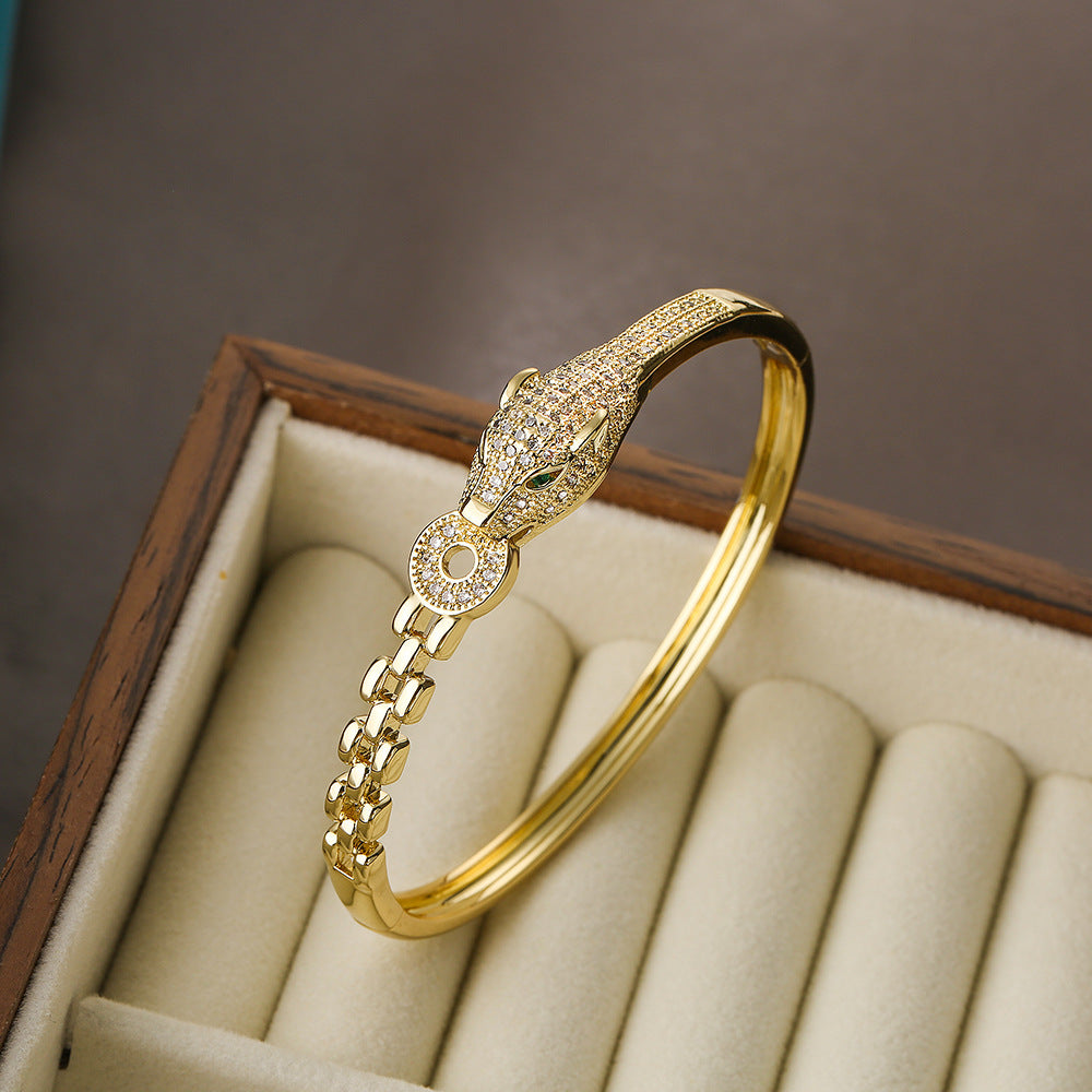 Hip-Hop Leopard Copper Plating Inlay Pearl Zircon 18K Gold Plated Bangle