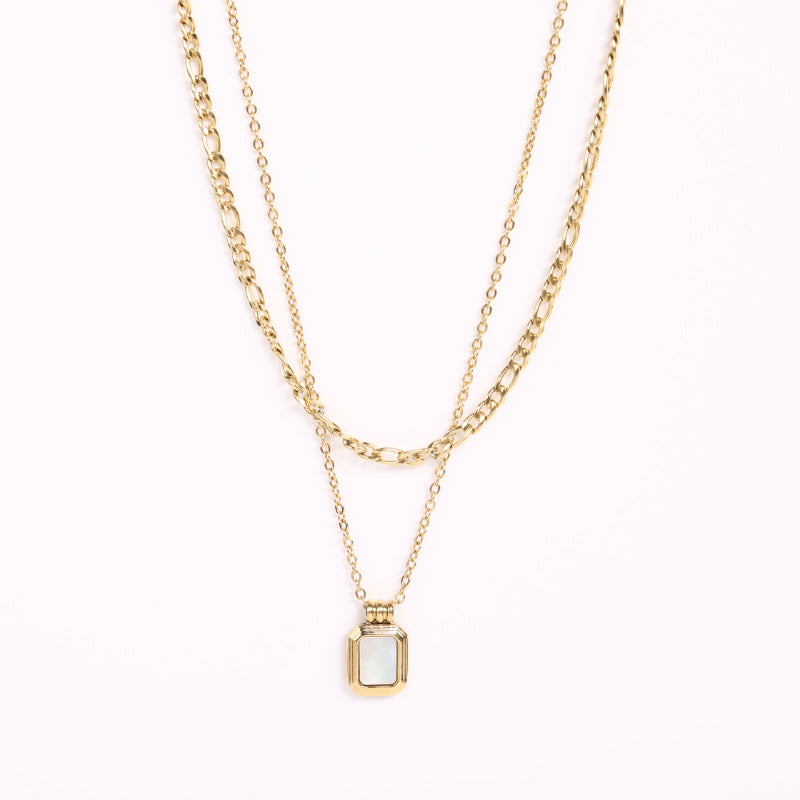 Simple Double Layered Chain Square Pearl Pendant Necklace