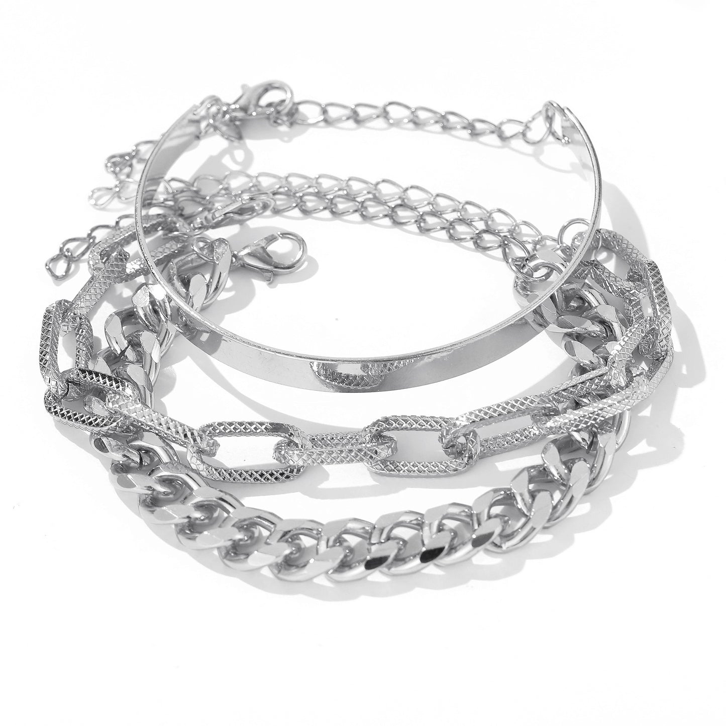 Punk Style Multi-Layer Snake Bone and Glossy Chain Bracelet Set with Square Filigree Open Design