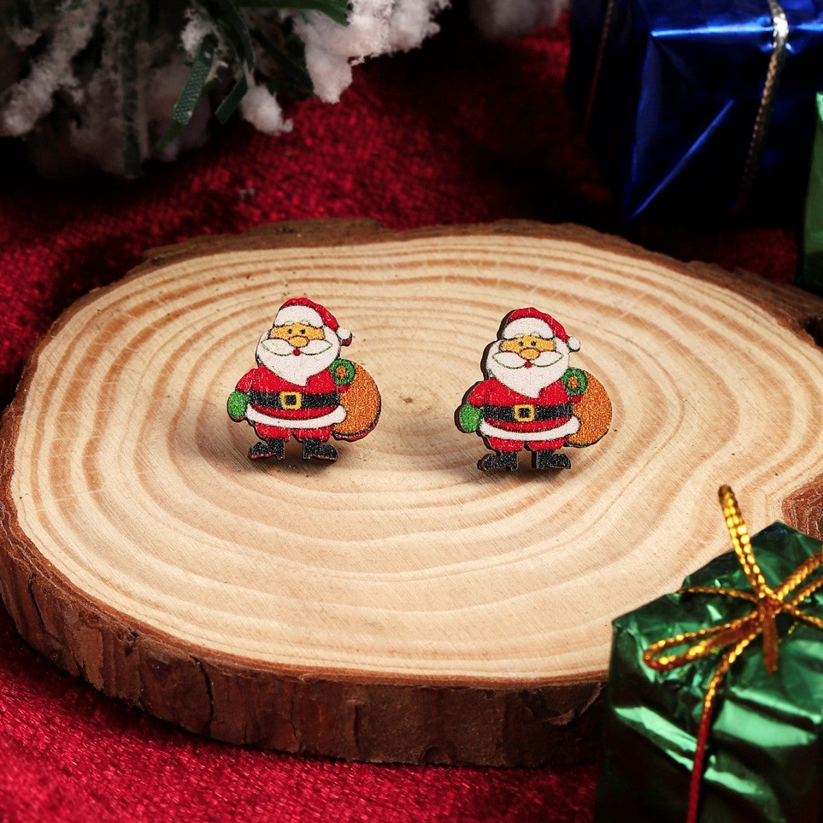 Pair of Cute Christmas Tree and Santa Claus Stud Earrings - Festive Holiday Jewelry with Boots, Snowman, and Elk Designs