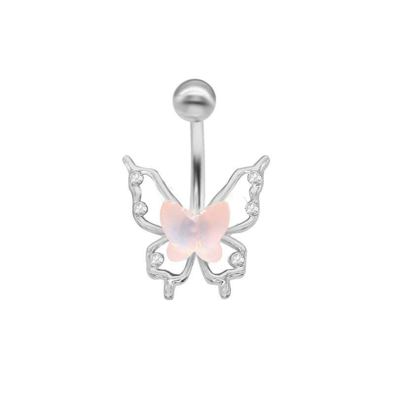 Elegant Tropical Butterfly Navel Ring - 316 Stainless Steel with Rhinestone and Acrylic Inlay