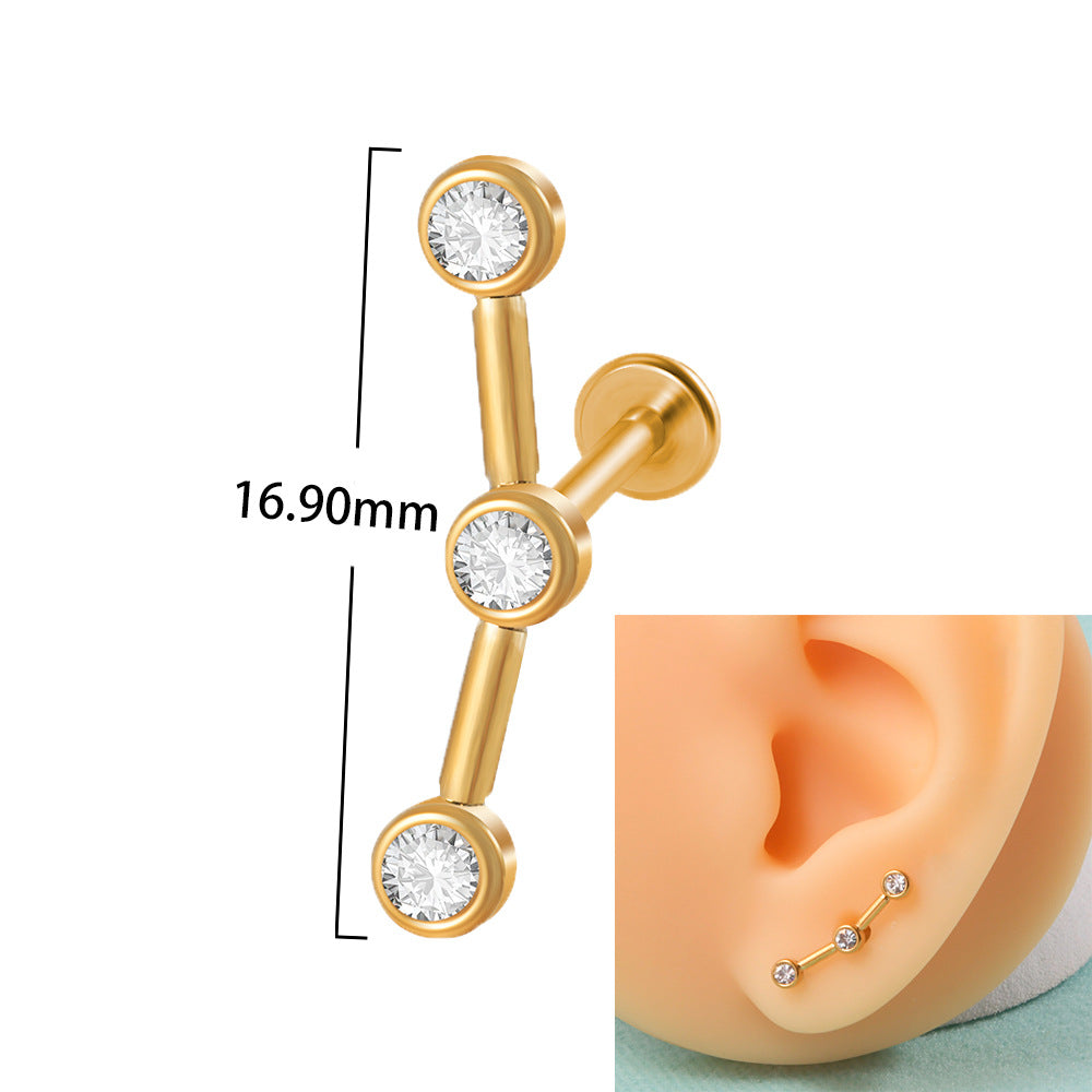 18K Gold Plated Geometric Stainless Steel Lip and Ear Stud Set with Rhinestones