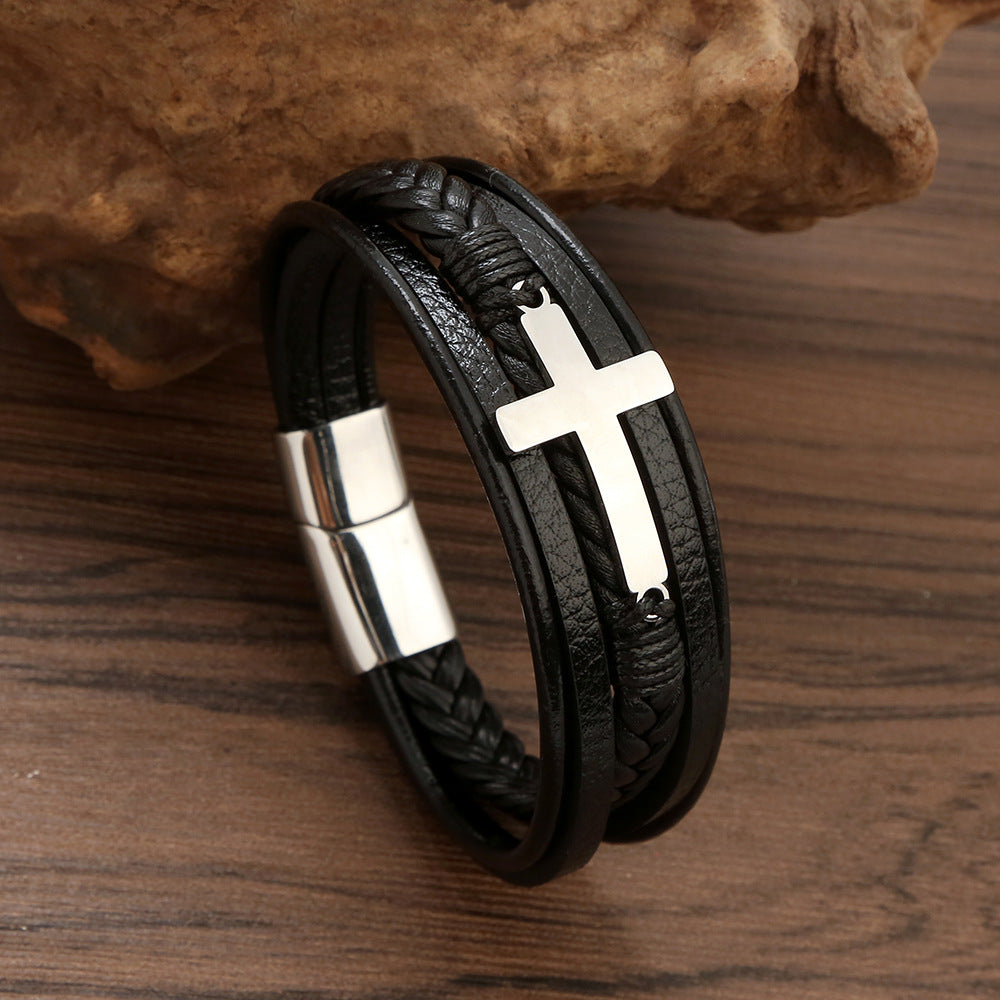 Hip-hop Roman Cross Stainless Steel Multi-layer Braided Leather Men's Bracelet