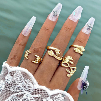 Elegant Geometric Alloy Open Rings Set - Creative Gold Hand Design