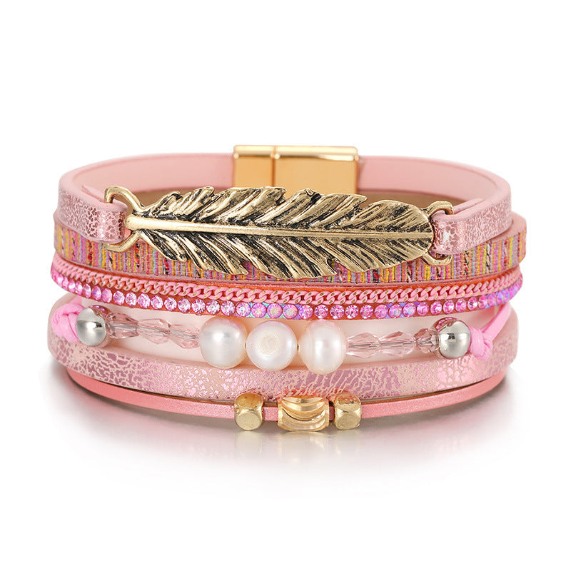 Bohemian Feather & Pearl Multi-Layer Leather Bracelet with Leaf Design