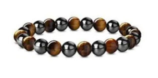 Retro Classic Round Wood Agate Beaded Bracelet with 8mm Tiger Eye and Rainbow Beads