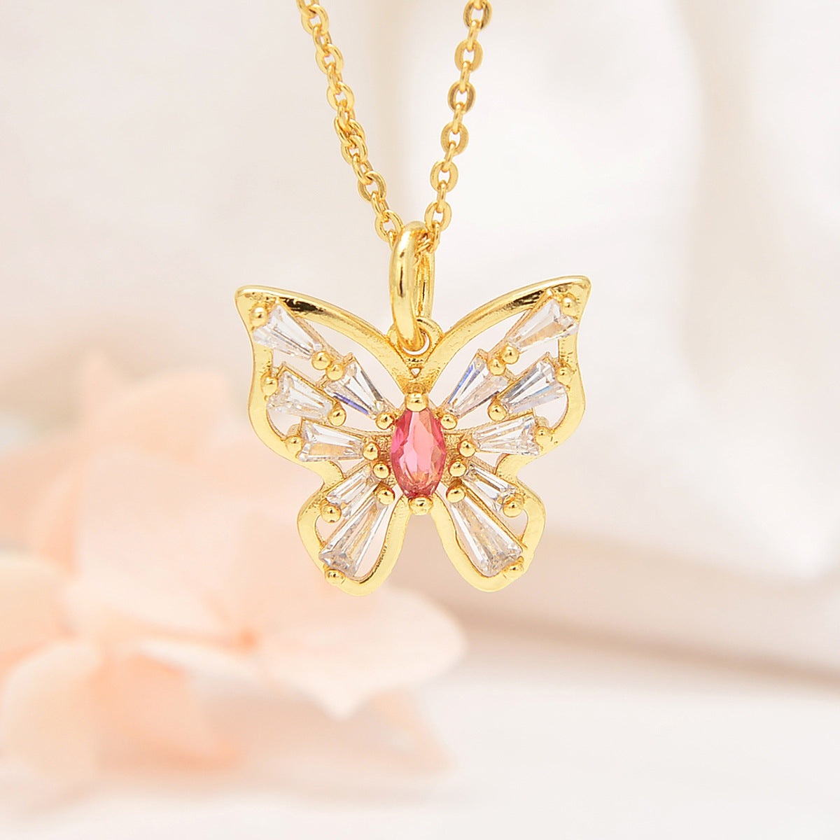 Copper Inlay Butterfly Pendant Necklace with Colorful Marquise Zirconia