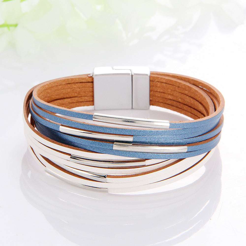 Geometric PU Leather Bangle with Copper Pipe and Magnetic Clasp