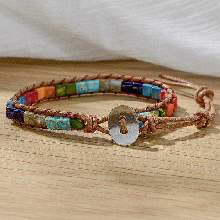 Ethnic Color Block Agate Stone Handmade Leather Bracelet