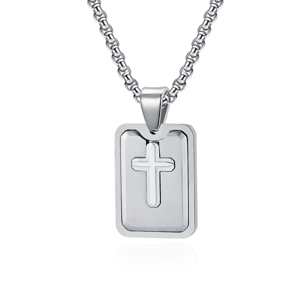 Hip-Hop Retro Cross Titanium Steel Square Pendant Necklace for Men and Women