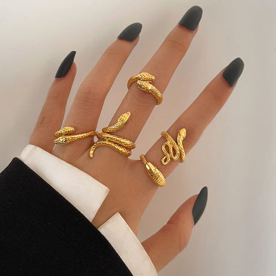 Vintage Style Geometric Snake Ring Set - Unisex Alloy Design