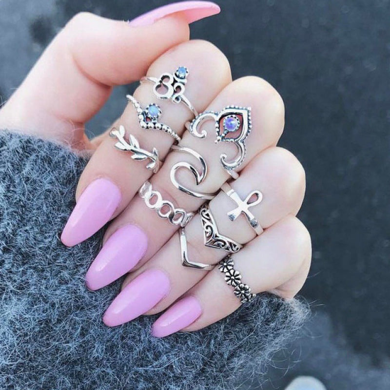 Bohemian Retro Punk Elephant Opal Crystal Midi Knuckle Ring Set for Women